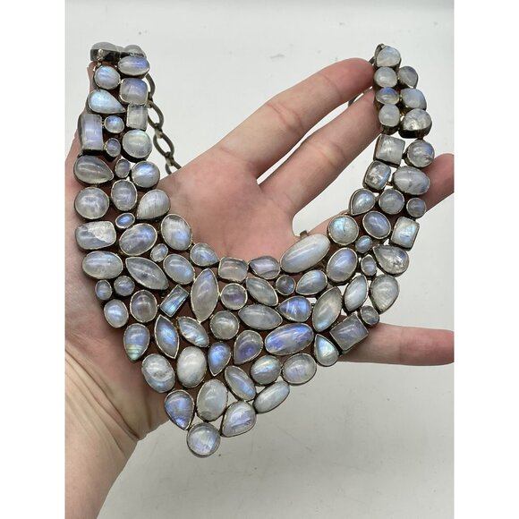 Vintage Signed 925 Moonstone Bib Necklace Statement Piece - Picture 2 of 16